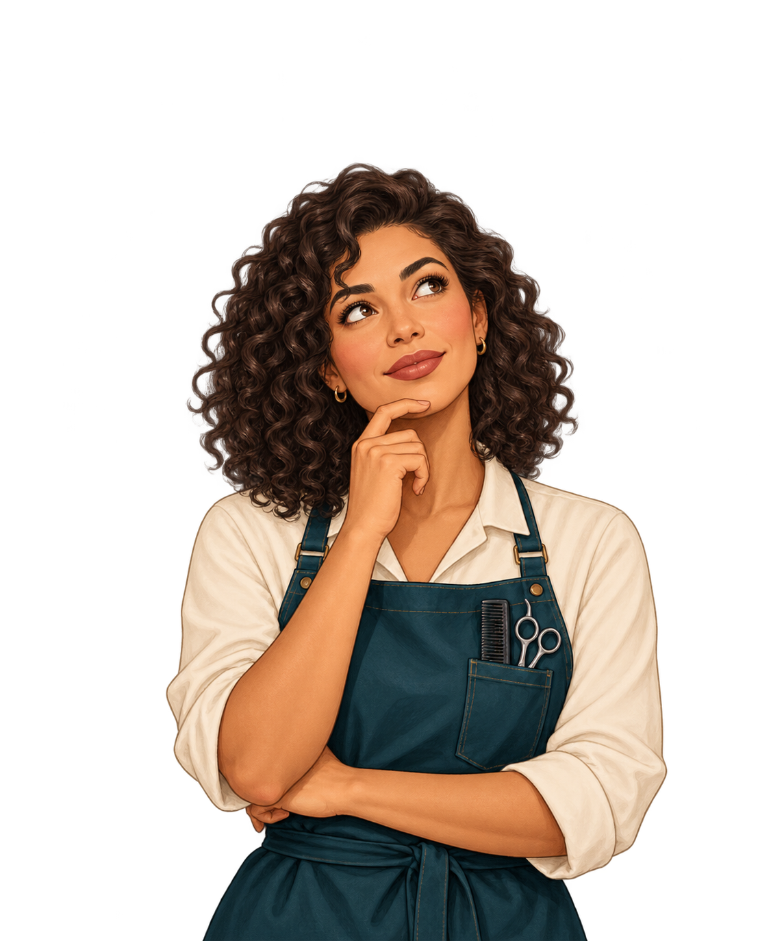 Ilustração de uma cabeleireira pensando em suas dúvidas